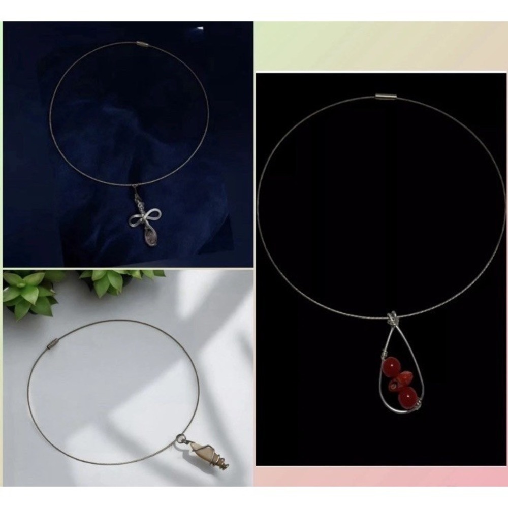 Lot of 3 Artisan Choker‎ Necklaces Amethyst Coral Petrified Wood